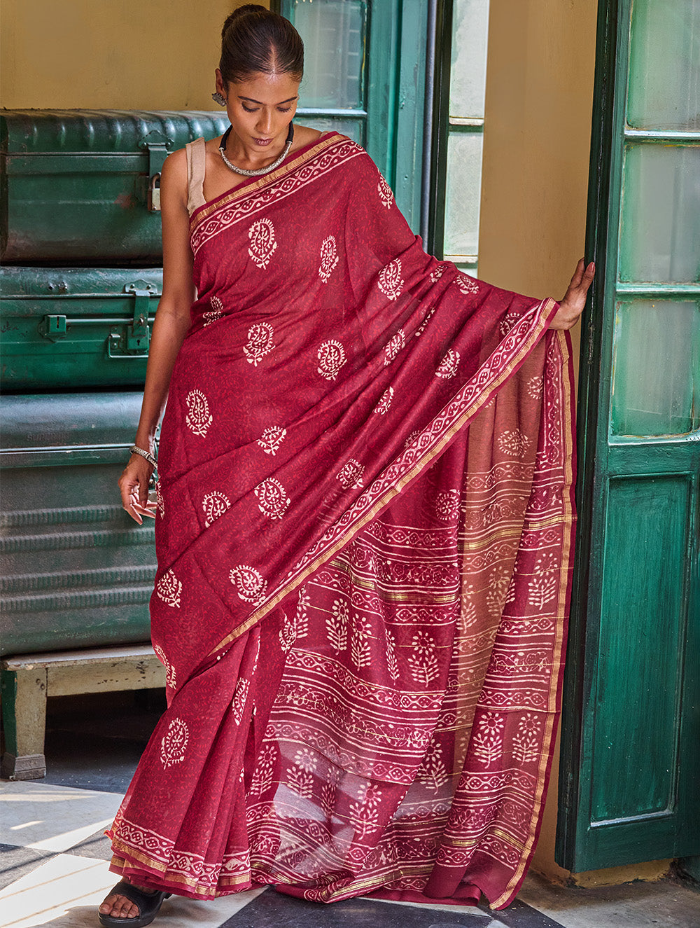 Bagru Statements: Hand Block Printed Chanderi Saree - Red Kairi