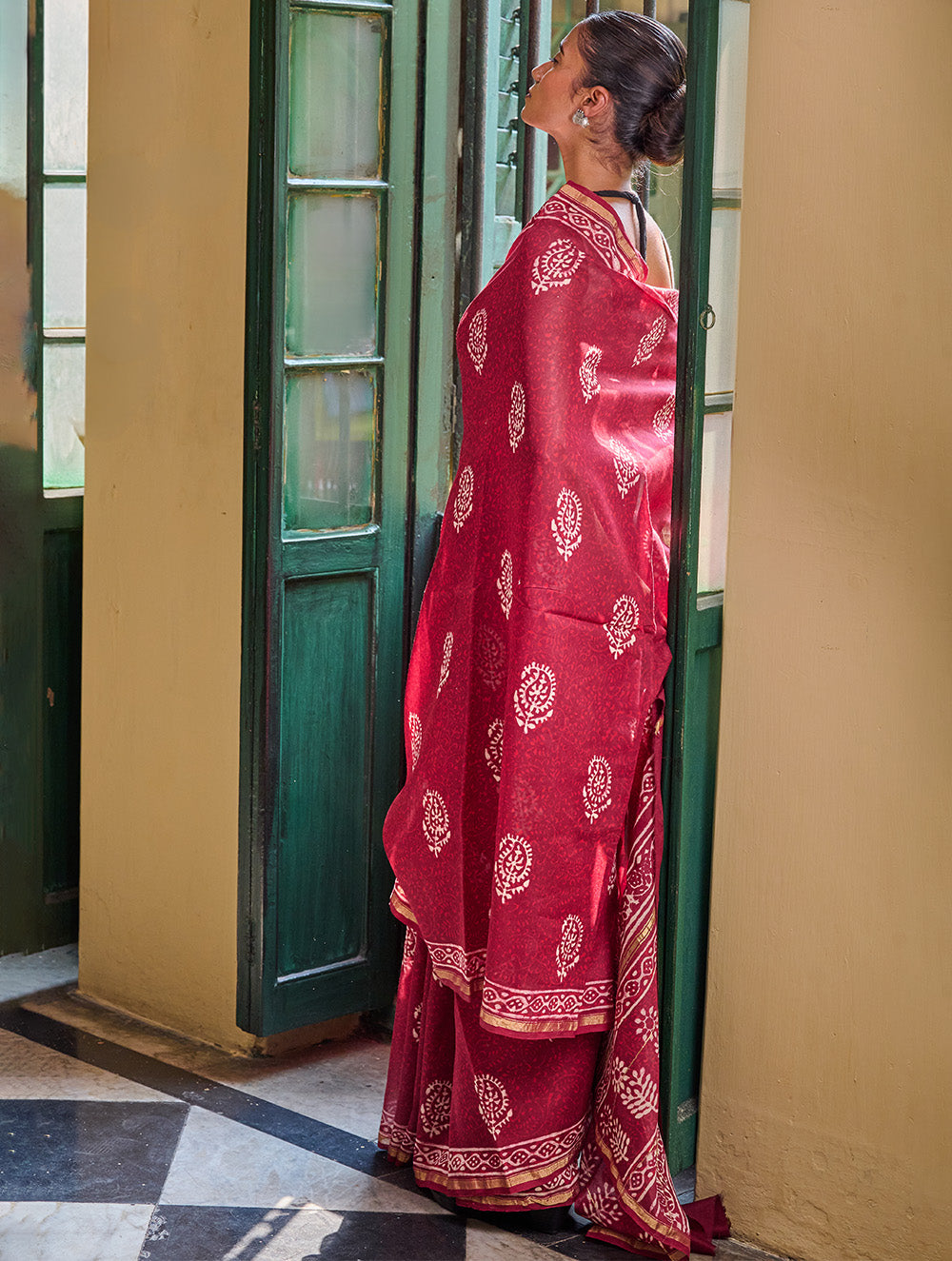 Bagru Statements: Hand Block Printed Chanderi Saree - Red Kairi