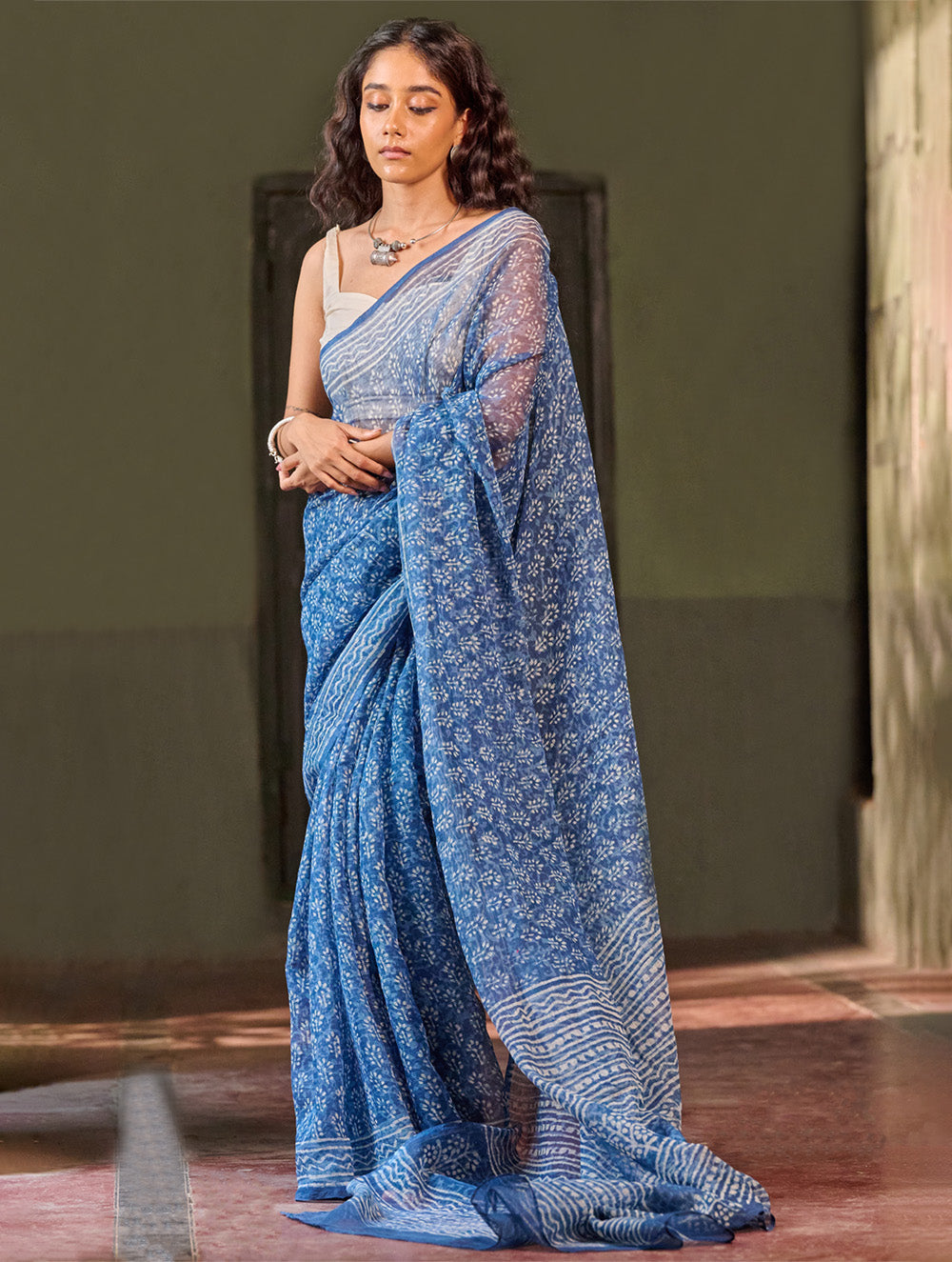 Dabu Vibes. Hand Block Printed Kota Doria Saree - Indigo Petals