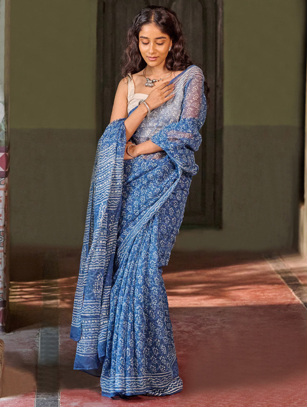 Dabu Vibes. Hand Block Printed Kota Doria Saree - Indigo Petals