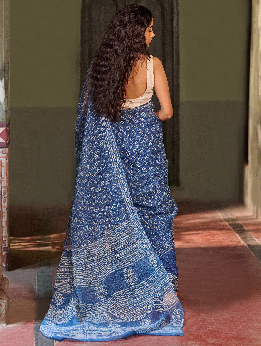 Dabu Vibes. Hand Block Printed Kota Doria Saree - Indigo Petals