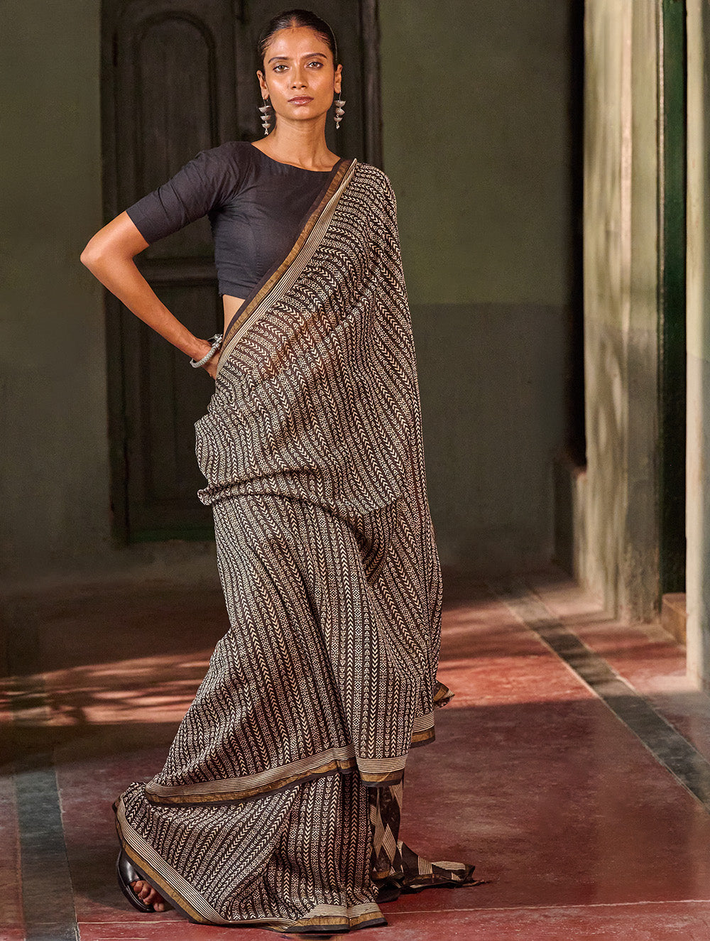 Bagru Statements: Hand Block Printed Chanderi Saree - Kaari Vines