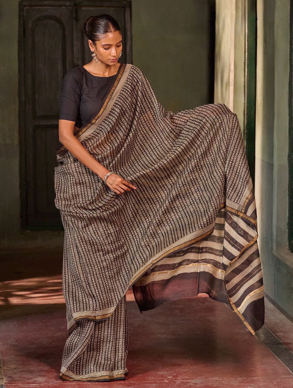 Bagru Statements: Hand Block Printed Chanderi Saree - Kaari Vines