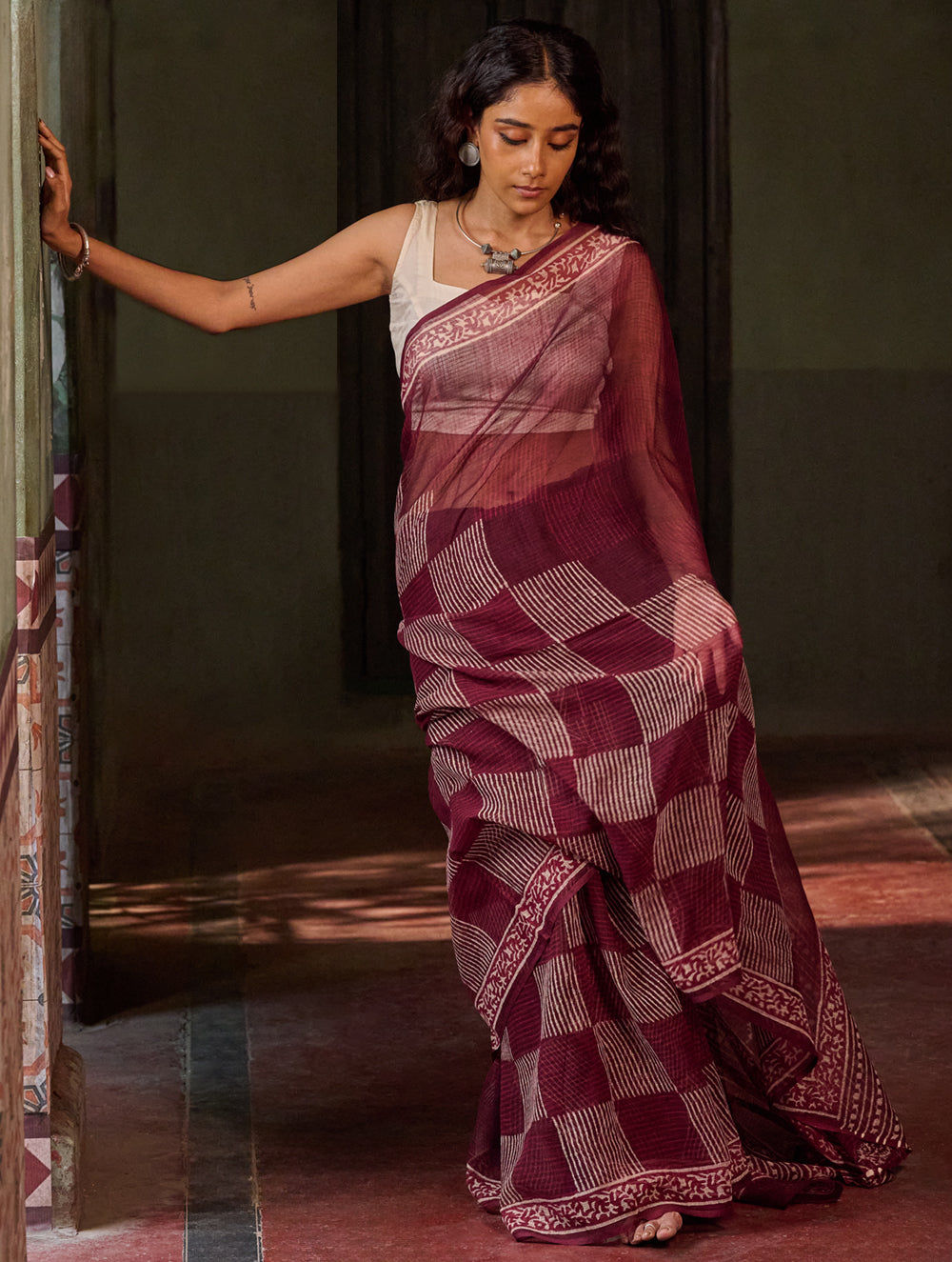 Dabu Vibes. Hand Block Printed Kota Doria Saree - Wine Checks