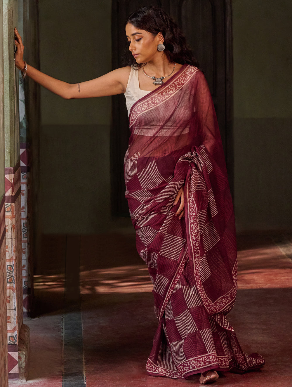 Dabu Vibes. Hand Block Printed Kota Doria Saree - Wine Checks