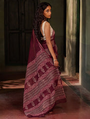 Dabu Vibes. Hand Block Printed Kota Doria Saree - Wine Checks
