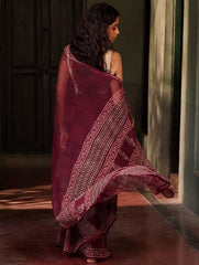 Dabu Vibes. Hand Block Printed Kota Doria Saree - Wine Checks