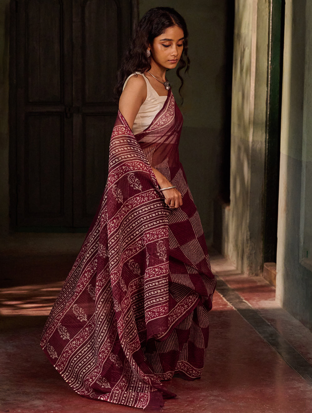 Dabu Vibes. Hand Block Printed Kota Doria Saree - Wine Checks