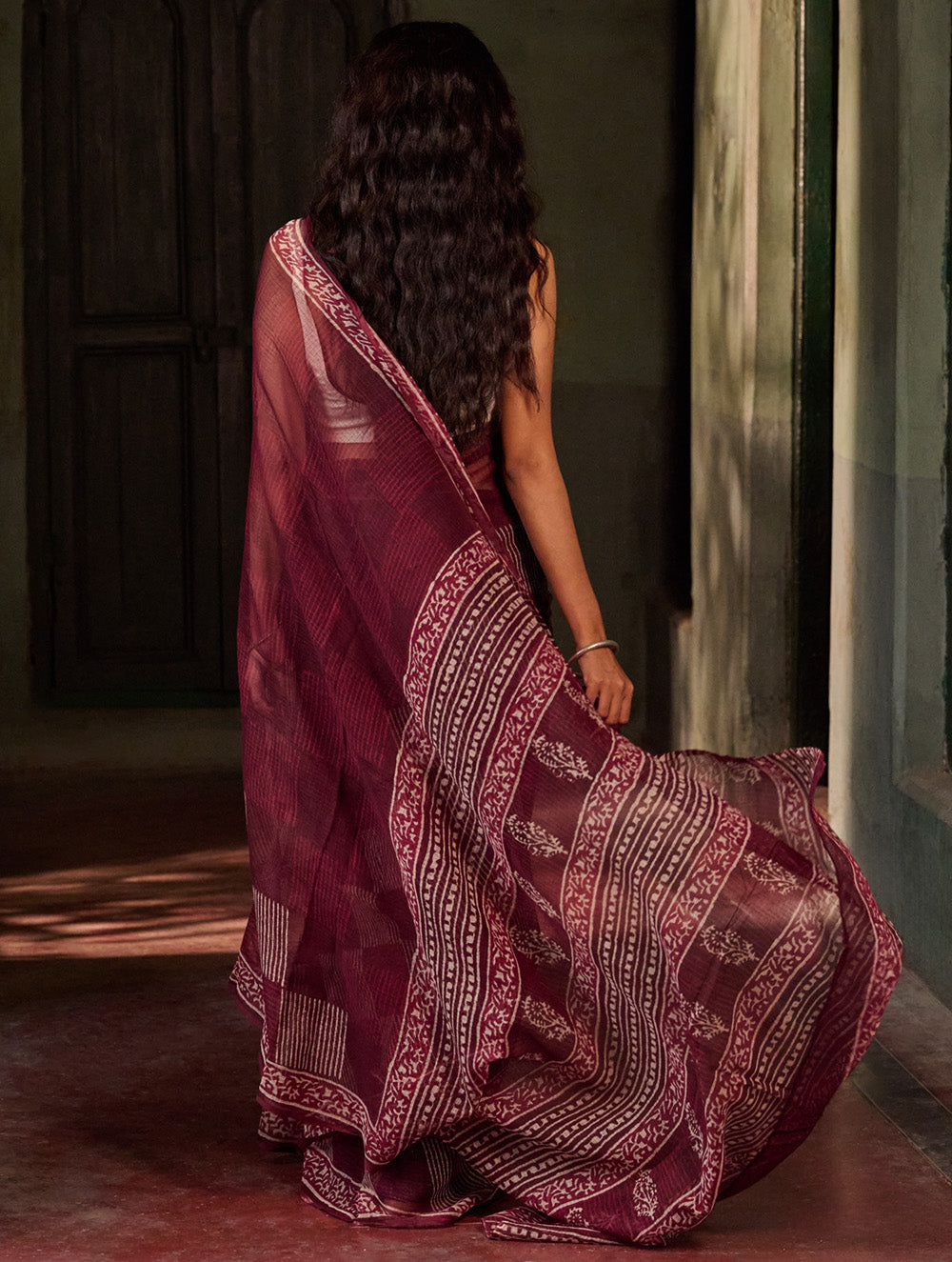 Dabu Vibes. Hand Block Printed Kota Doria Saree - Wine Checks