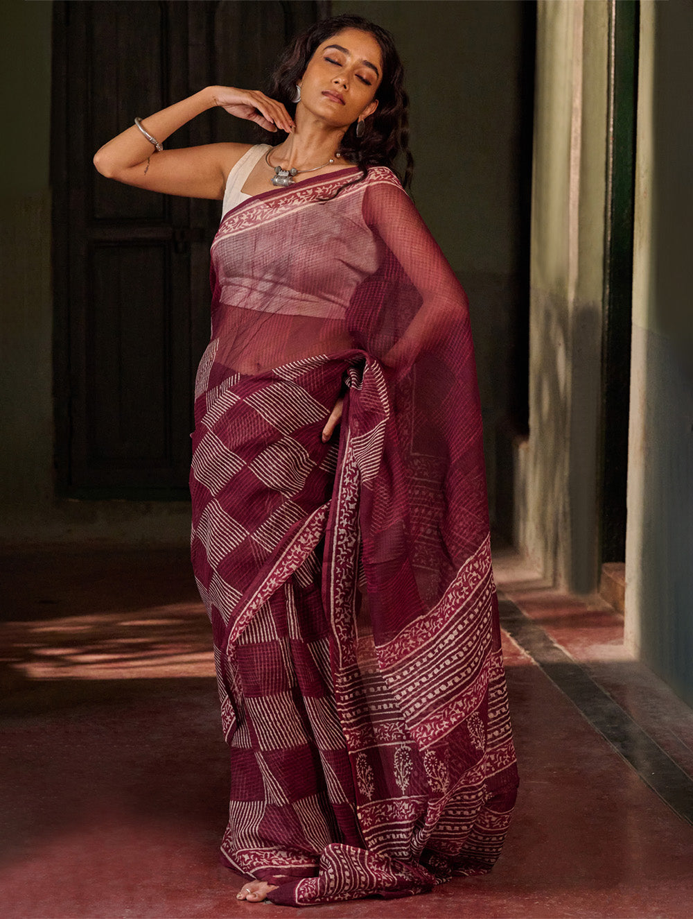 Dabu Vibes. Hand Block Printed Kota Doria Saree - Wine Checks