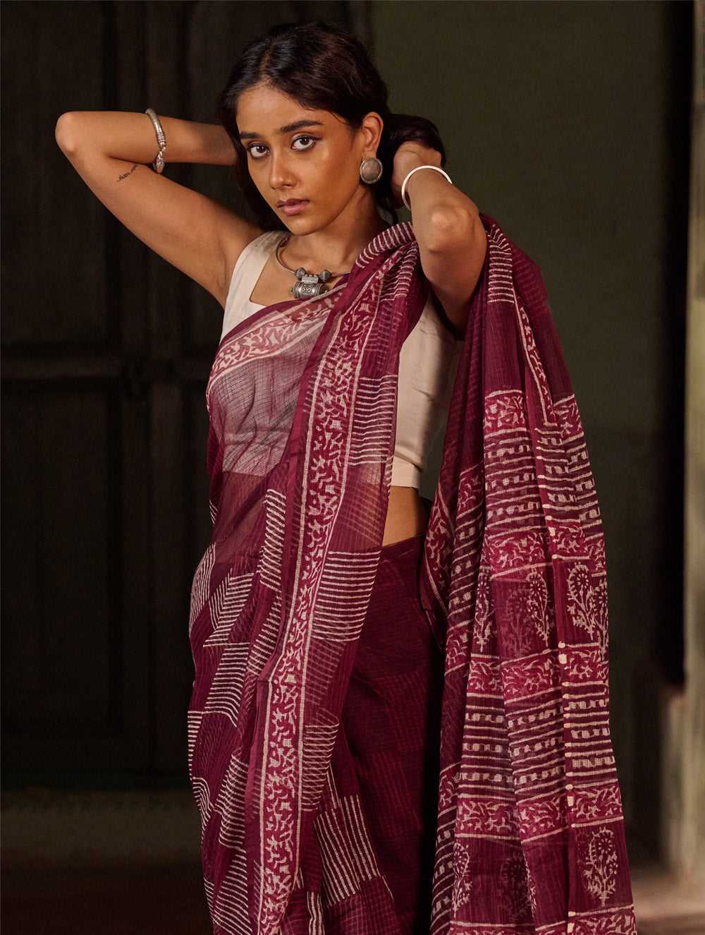 Dabu Vibes. Hand Block Printed Kota Doria Saree - Wine Checks