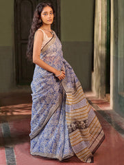 Sanganer Summers. Hand Block Printed Kota Doria Saree - Aabheri