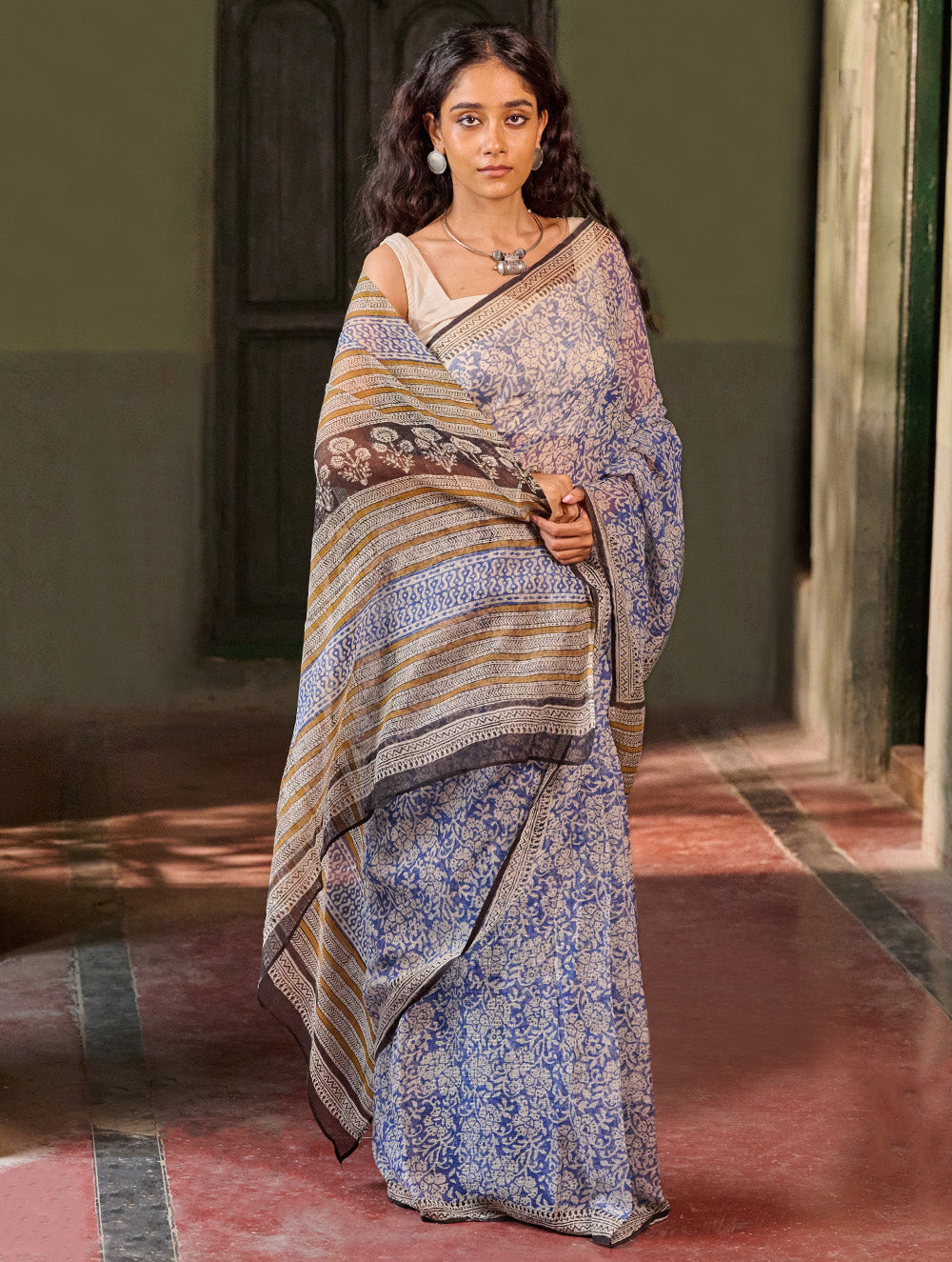 Sanganer Summers. Hand Block Printed Kota Doria Saree - Aabheri