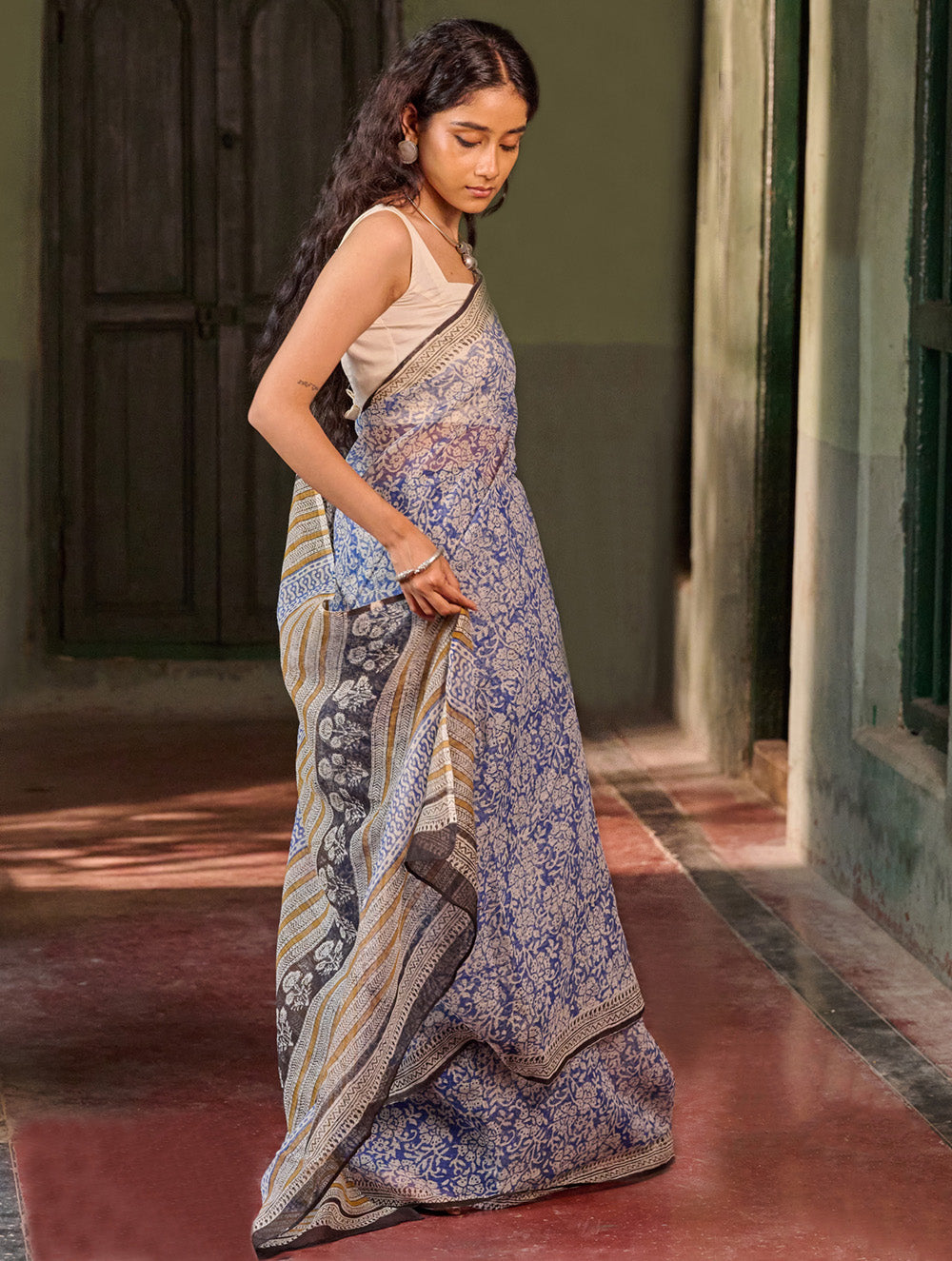 Sanganer Summers. Hand Block Printed Kota Doria Saree - Aabheri