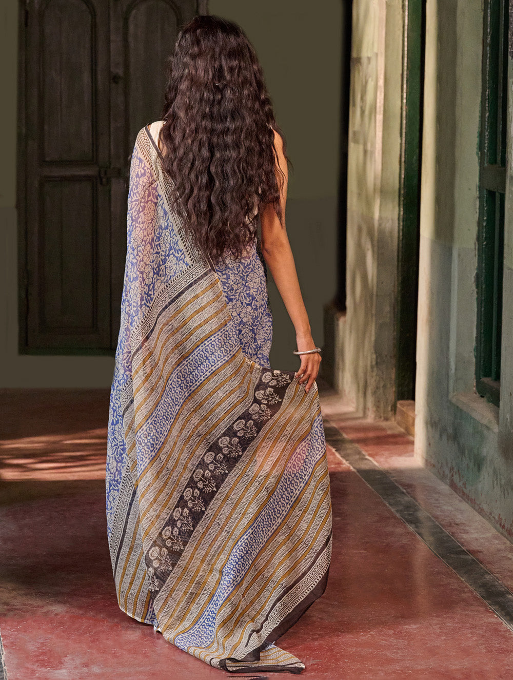 Sanganer Summers. Hand Block Printed Kota Doria Saree - Aabheri