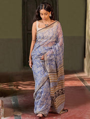 Sanganer Summers. Hand Block Printed Kota Doria Saree - Aabheri
