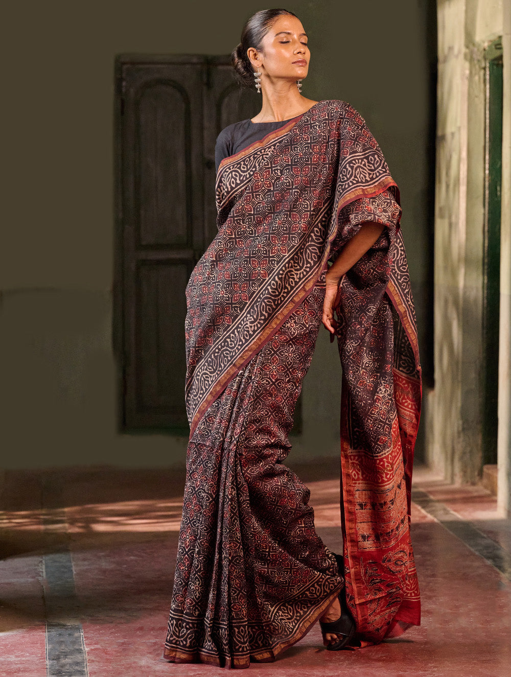 Ajrakh Elegance.Exclusive Hand Block Printed Chanderi  Saree - Laal Phool