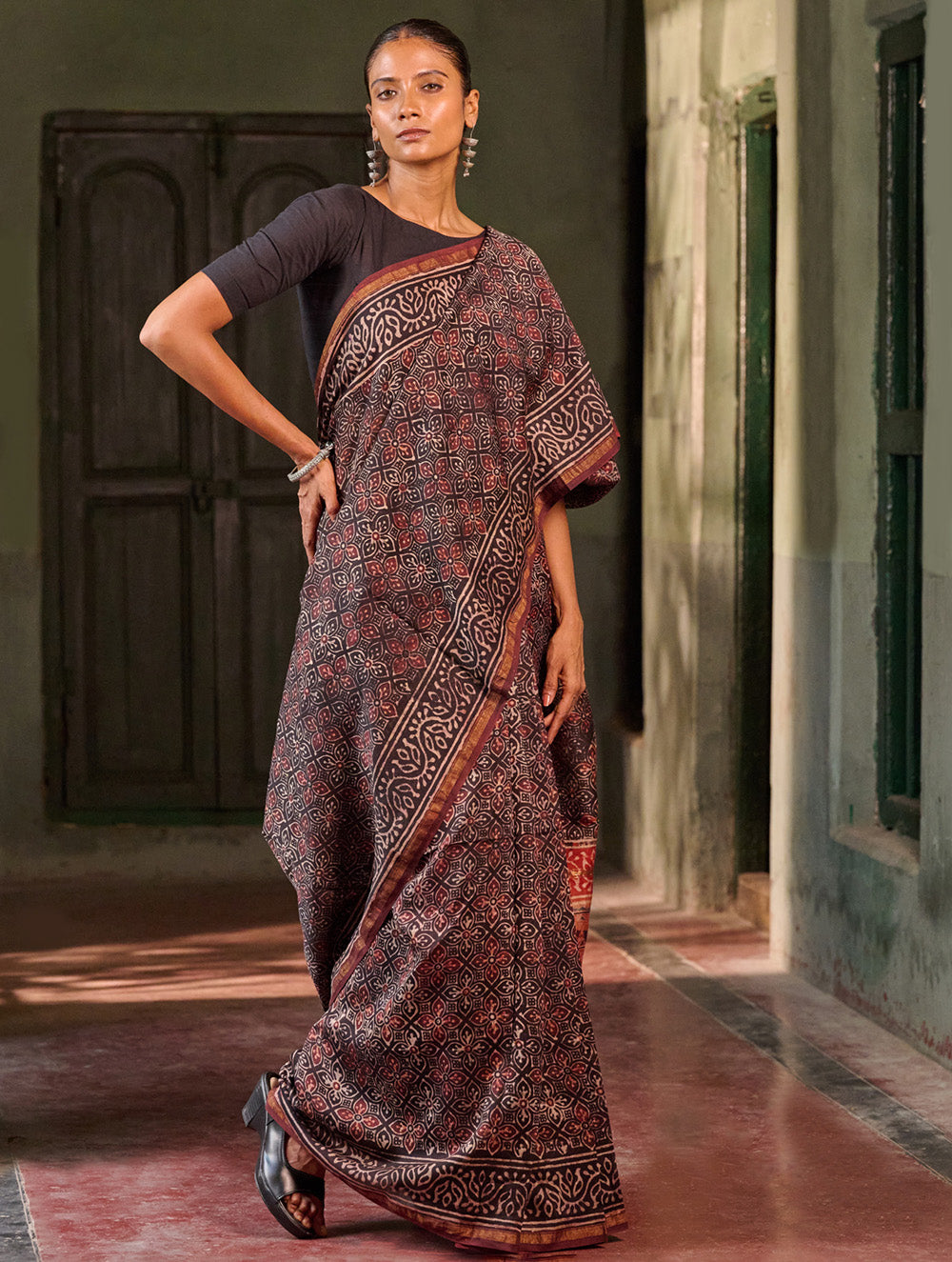 Ajrakh Elegance.Exclusive Hand Block Printed Chanderi  Saree - Laal Phool