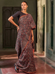 Ajrakh Elegance.Exclusive Hand Block Printed Chanderi  Saree - Laal Phool