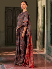 Ajrakh Elegance.Exclusive Hand Block Printed Chanderi  Saree - Laal Phool