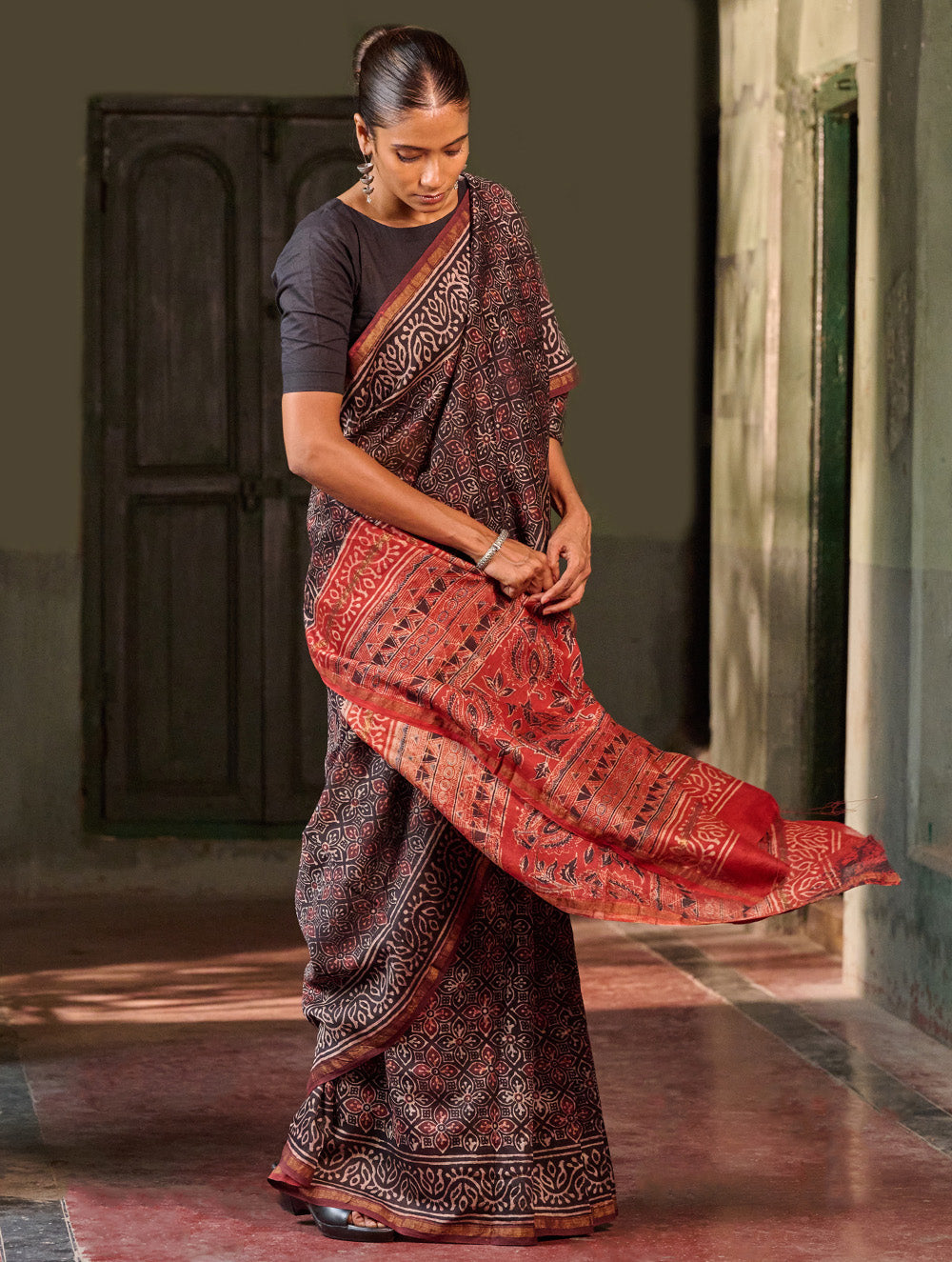 Ajrakh Elegance.Exclusive Hand Block Printed Chanderi  Saree - Laal Phool