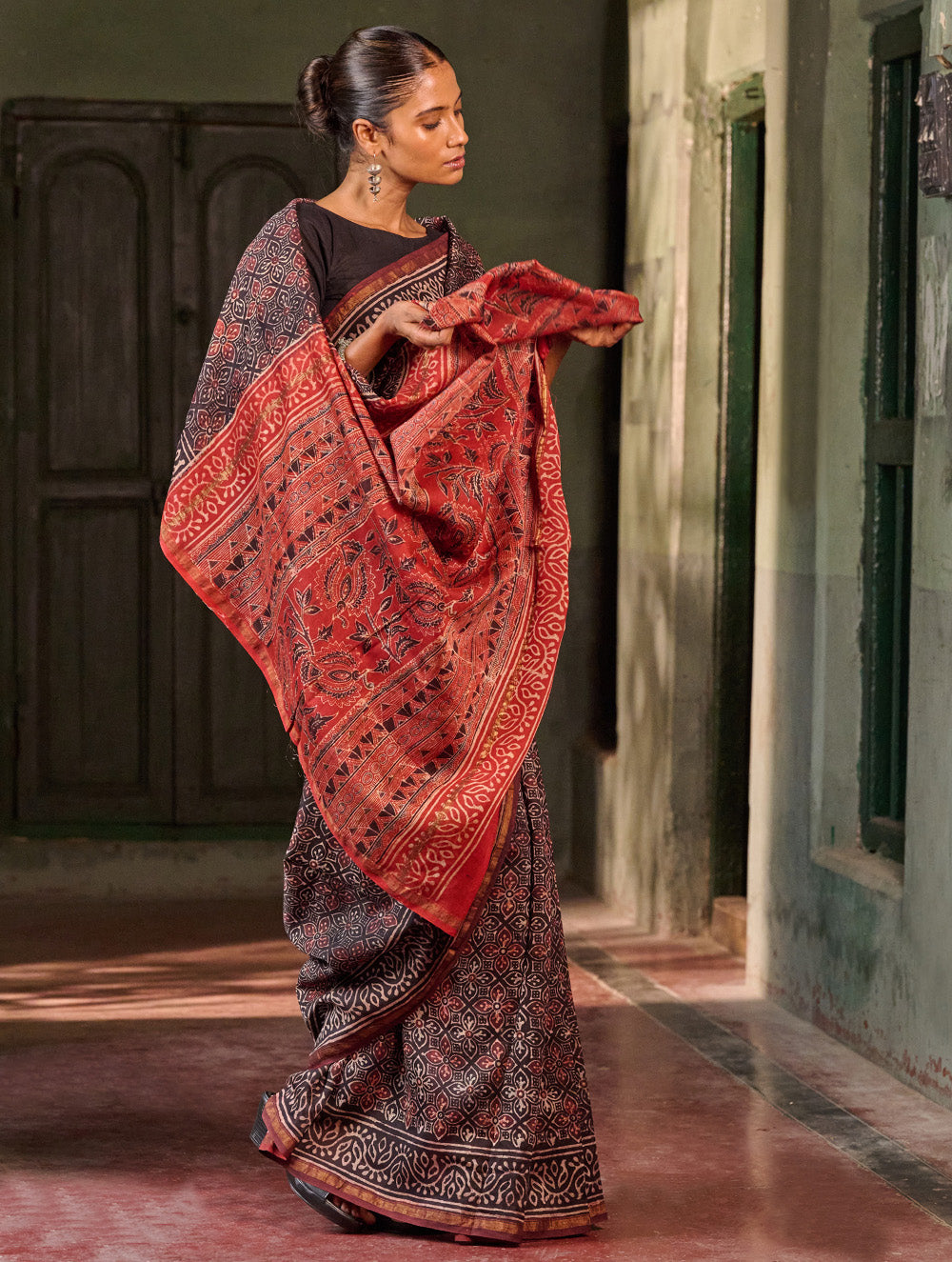 Ajrakh Elegance.Exclusive Hand Block Printed Chanderi  Saree - Laal Phool