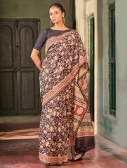 Bagru Statements: Hand Block Printed Chanderi Saree - Beige Bagh