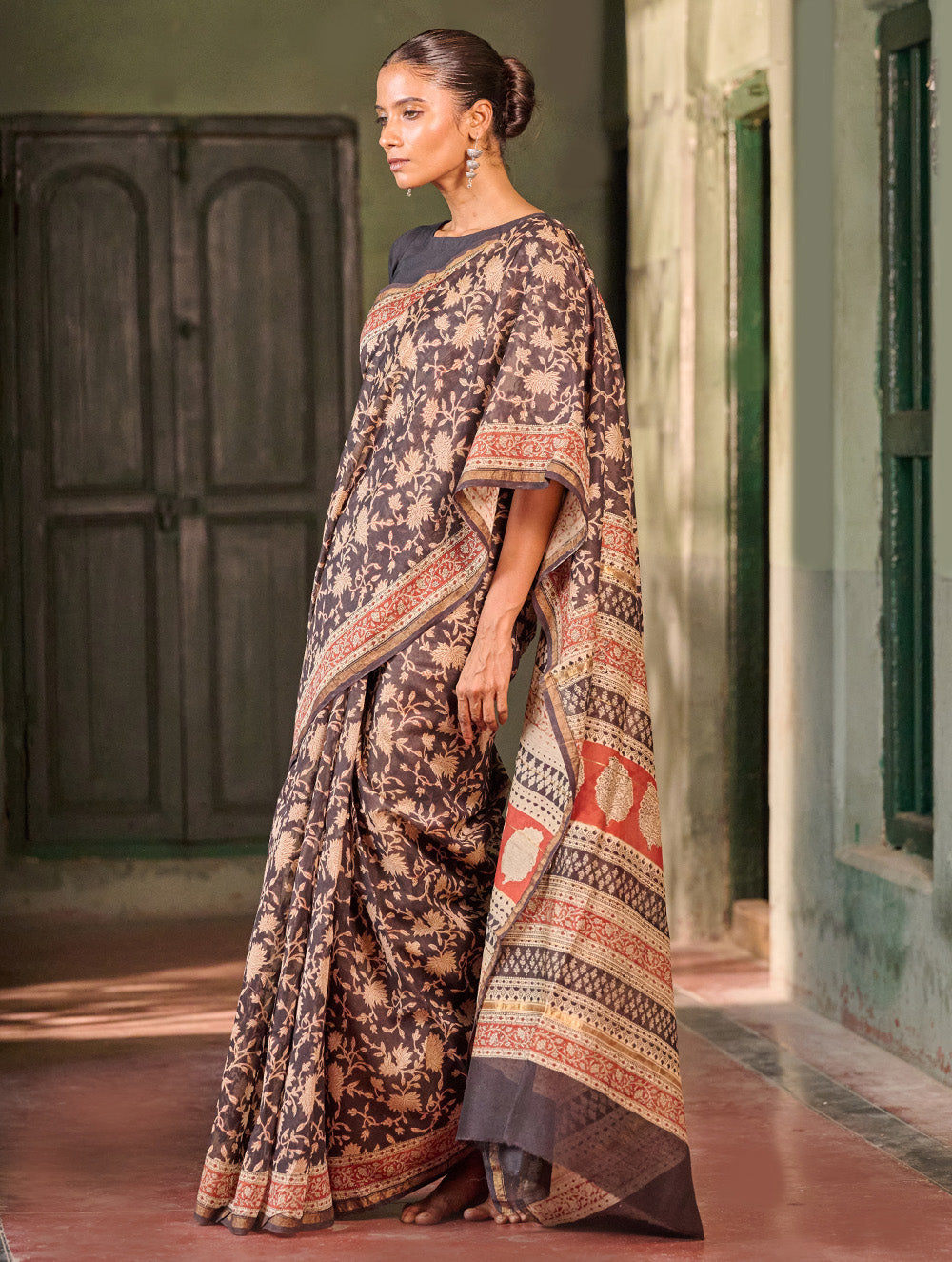 Bagru Statements: Hand Block Printed Chanderi Saree - Beige Bagh
