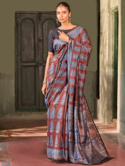 Ajrakh Elegance.Exclusive Hand Block Printed Chanderi  Saree - Neel Kairav