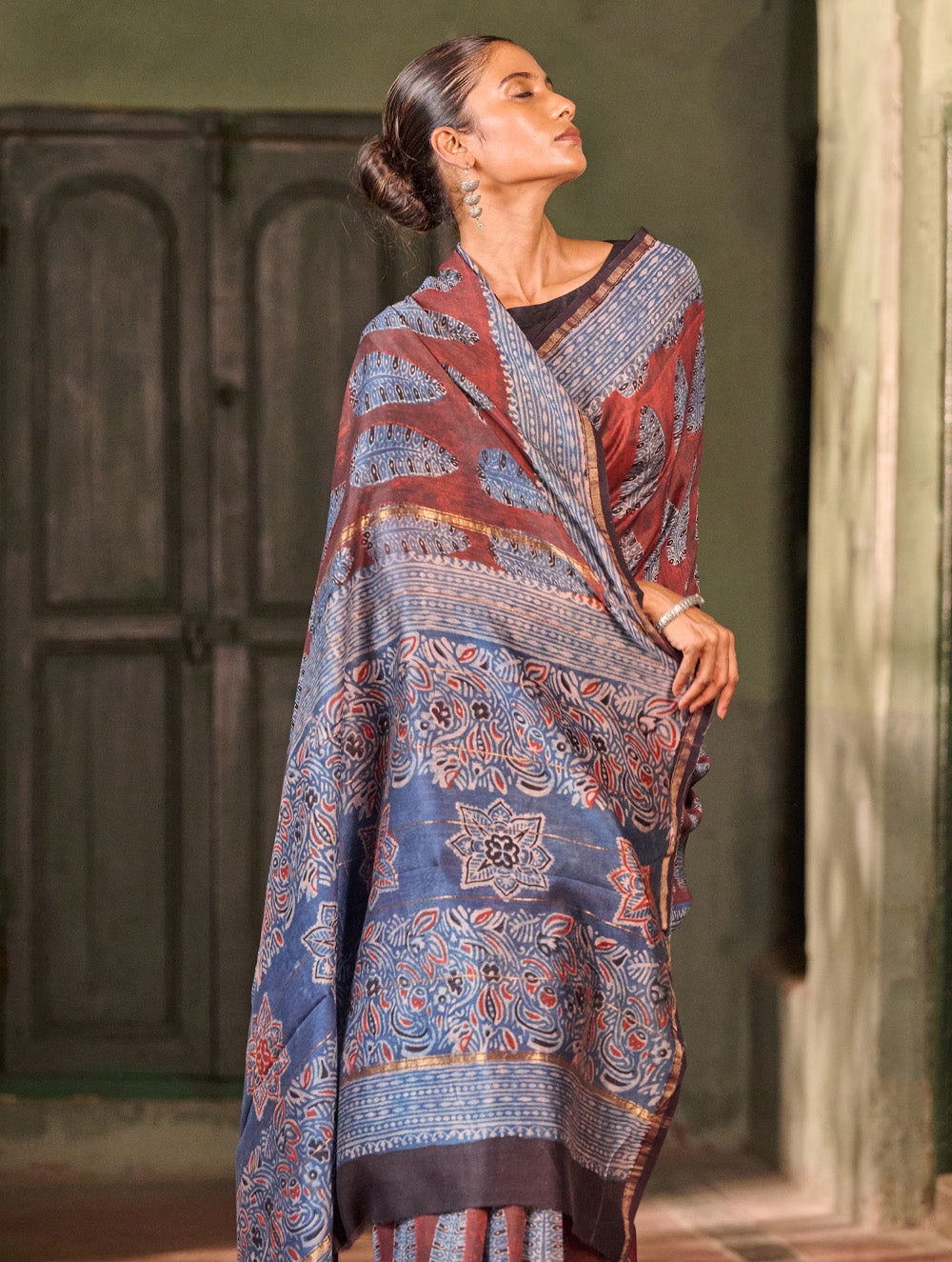 Ajrakh Elegance.Exclusive Hand Block Printed Chanderi  Saree - Neel Kairav