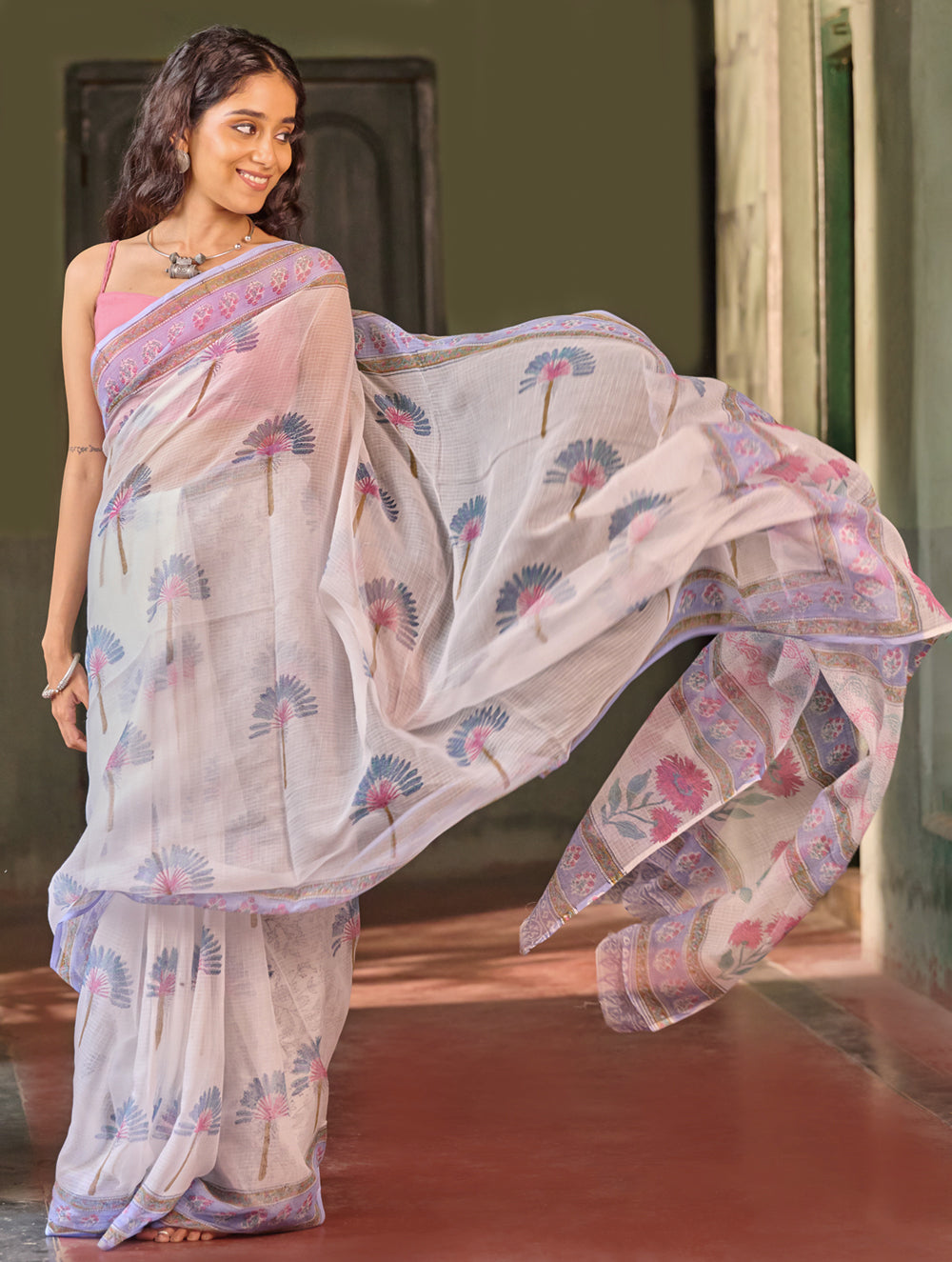 Sanganer Summers. Hand Block Printed Kota Doria Saree - Dandelions