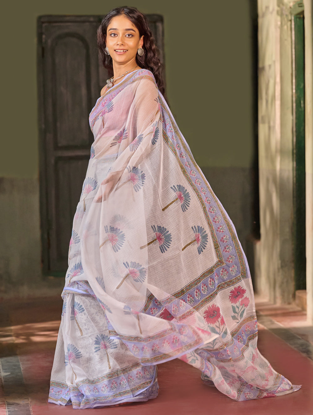 Sanganer Summers. Hand Block Printed Kota Doria Saree - Dandelions