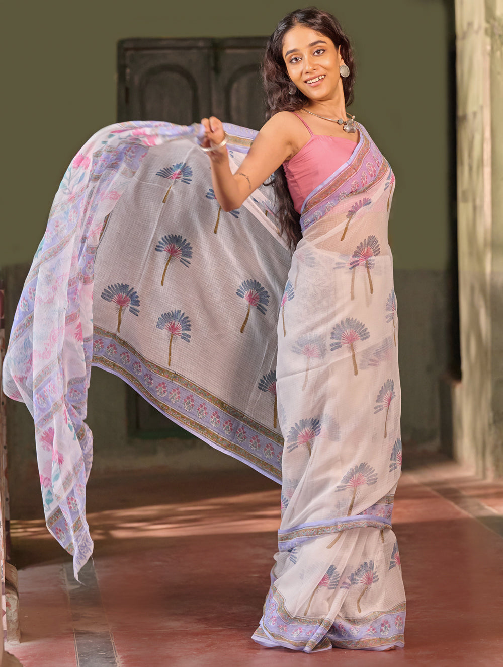 Sanganer Summers. Hand Block Printed Kota Doria Saree - Dandelions