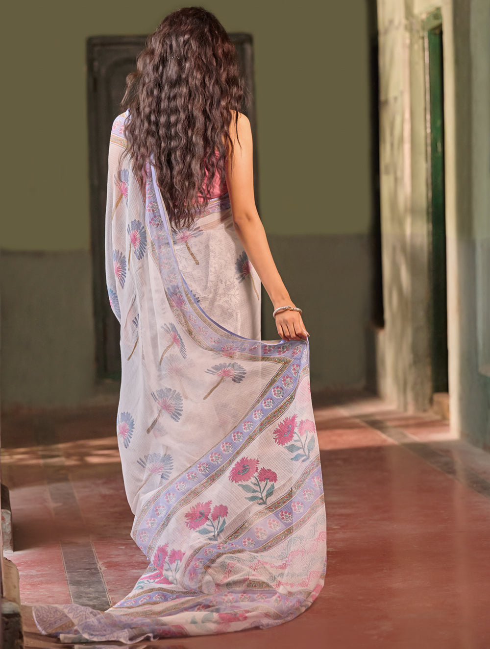 Sanganer Summers. Hand Block Printed Kota Doria Saree - Dandelions