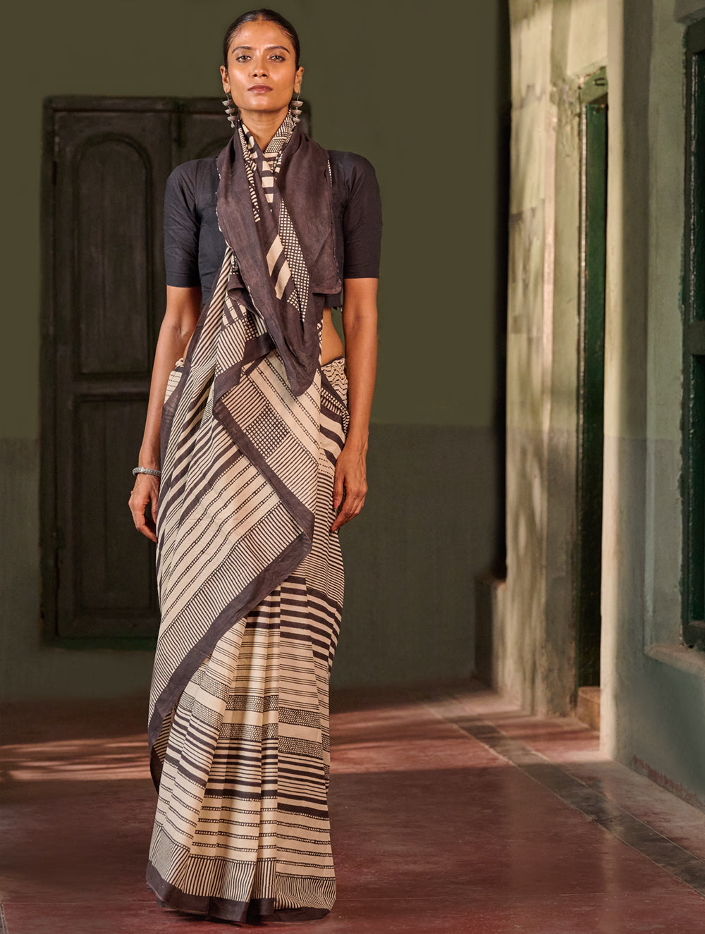 Bagru Statements: Hand Block Printed Mul Cotton Saree - Striped Elegance