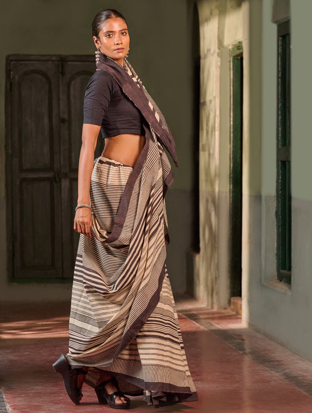 Bagru Statements: Hand Block Printed Mul Cotton Saree - Striped Elegance