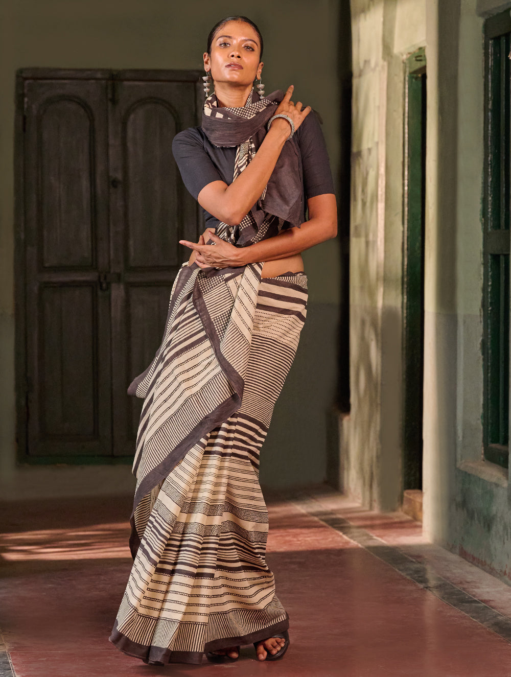 Bagru Statements: Hand Block Printed Mul Cotton Saree - Striped Elegance