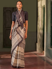 Bagru Statements: Hand Block Printed Mul Cotton Saree - Striped Elegance