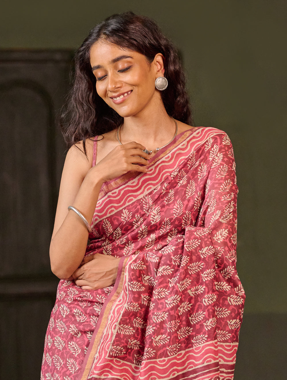 Dabu Vibes. Hand Block Printed Chanderi Saree - Gulabari