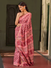 Dabu Vibes. Hand Block Printed Chanderi Saree - Gulabari