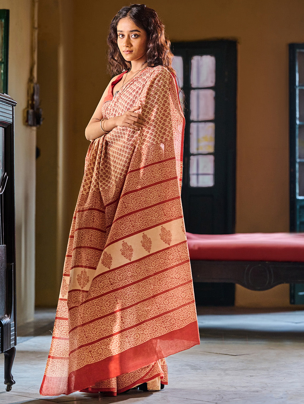 Bagru Statements: Hand Block Printed Mul Cotton Saree - Phool Patti