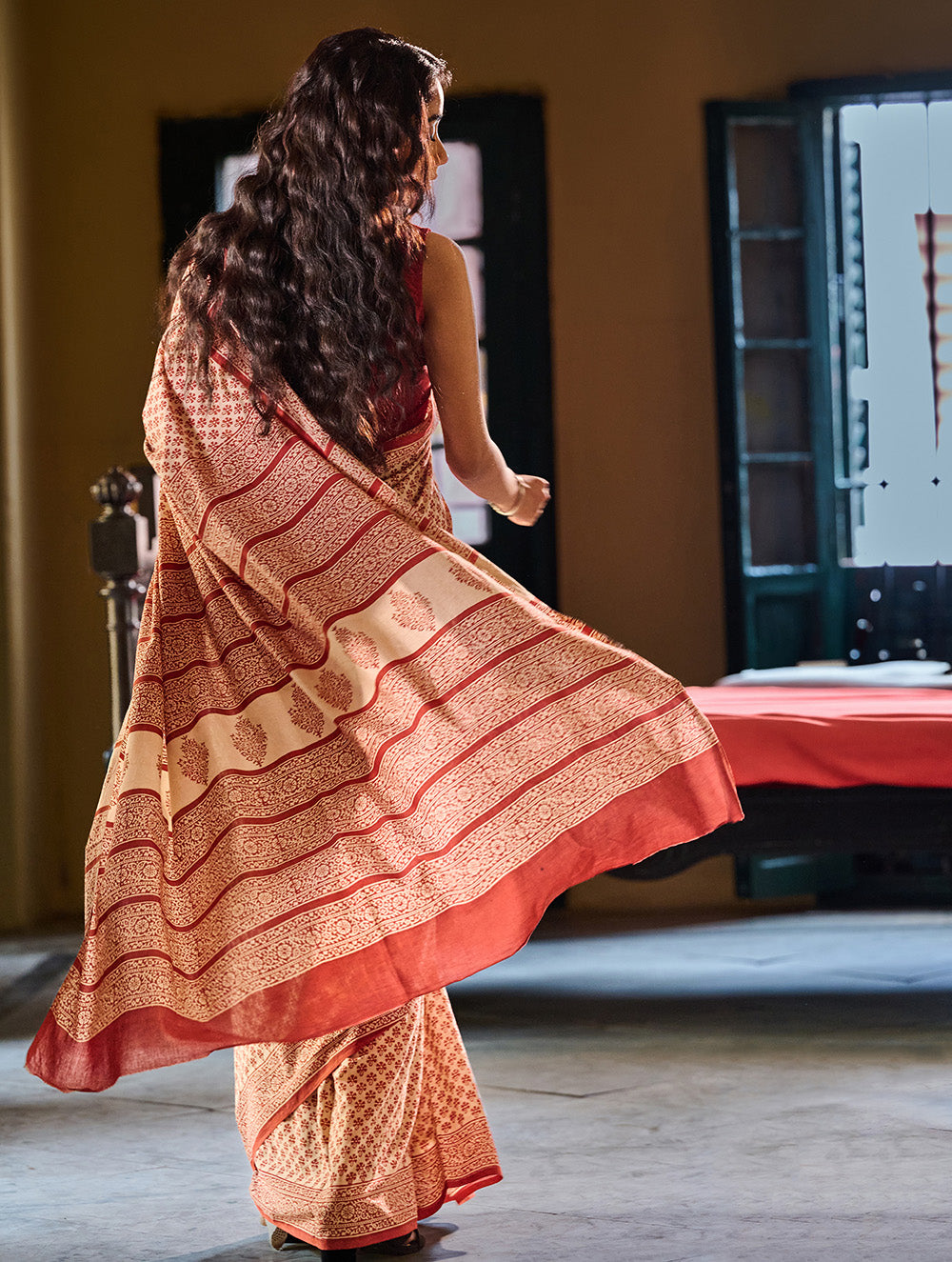 Bagru Statements: Hand Block Printed Mul Cotton Saree - Phool Patti