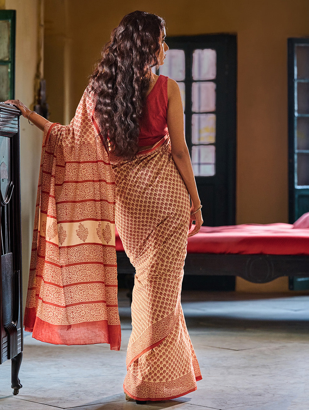 Bagru Statements: Hand Block Printed Mul Cotton Saree - Phool Patti