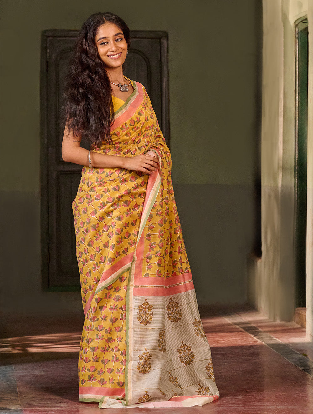 Sanganer Summers. Hand Block Printed Chanderi Saree - Marigold Lotus