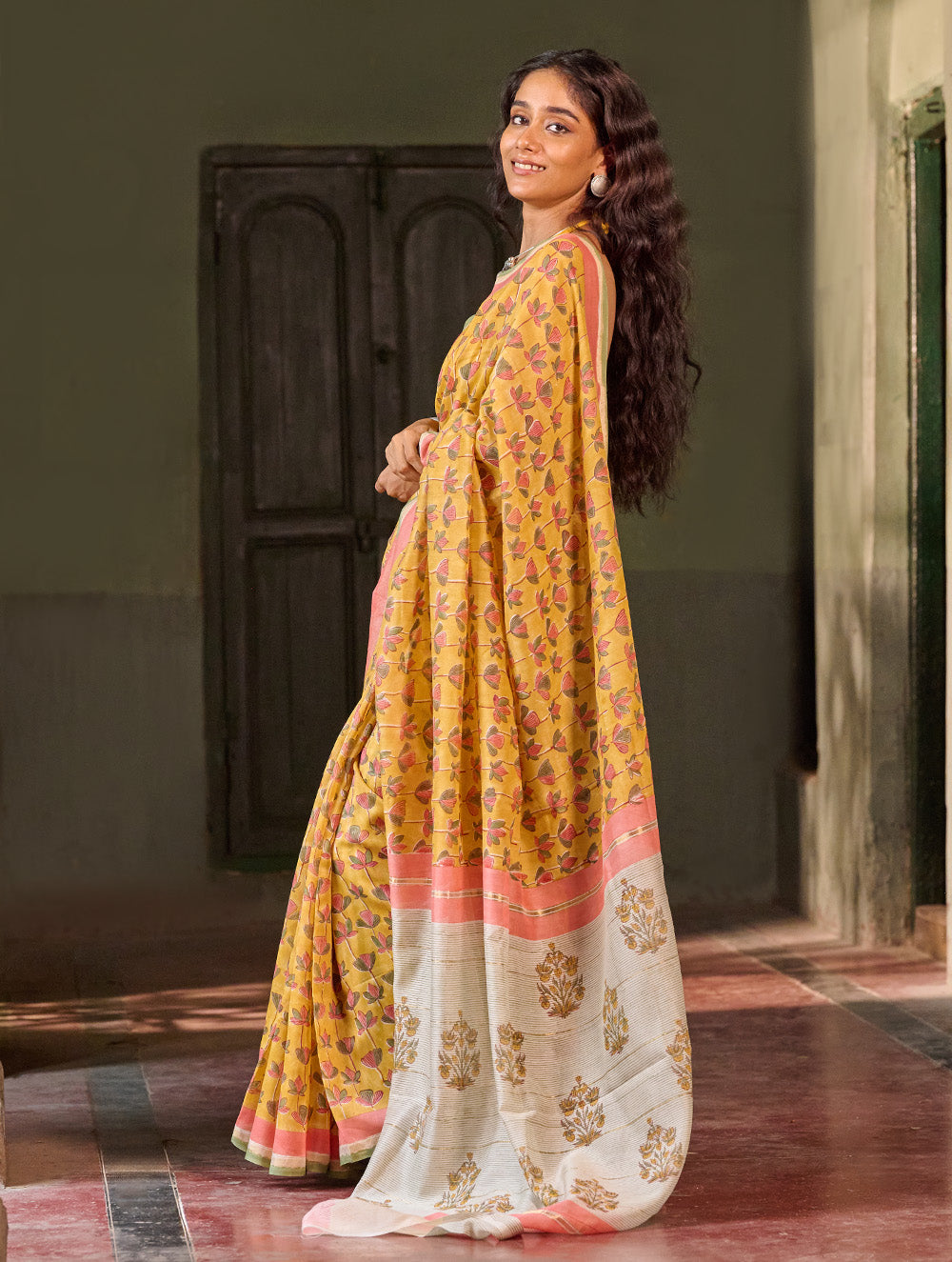 Sanganer Summers. Hand Block Printed Chanderi Saree - Marigold Lotus