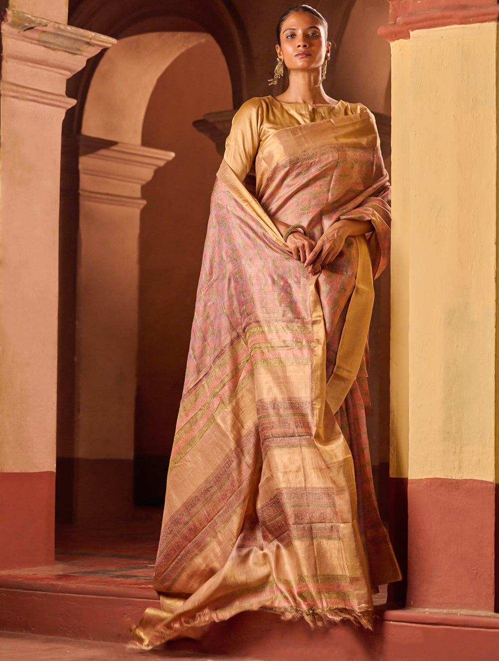 Exclusive Elegance. Hand Block Printed Tussore Silk Saree - French Rose