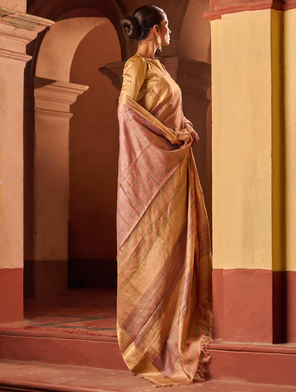 Exclusive Elegance. Hand Block Printed Tussore Silk Saree - French Rose