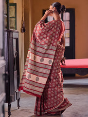 Bagru Statements: Hand Block Printed Mul Cotton Saree - Crimson Blossom