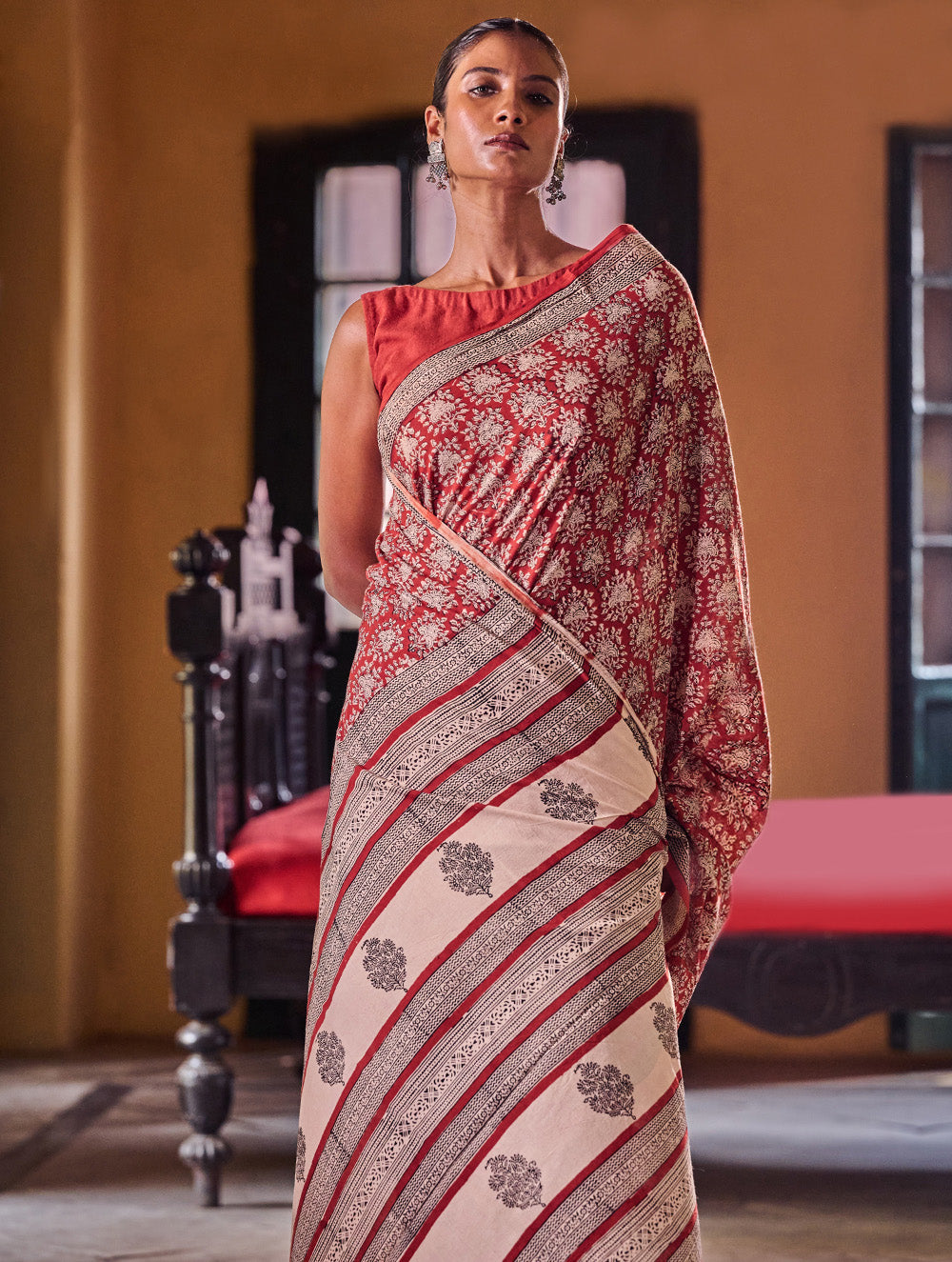 Bagru Statements: Hand Block Printed Mul Cotton Saree - Crimson Blossom