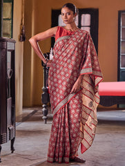 Bagru Statements: Hand Block Printed Mul Cotton Saree - Crimson Blossom